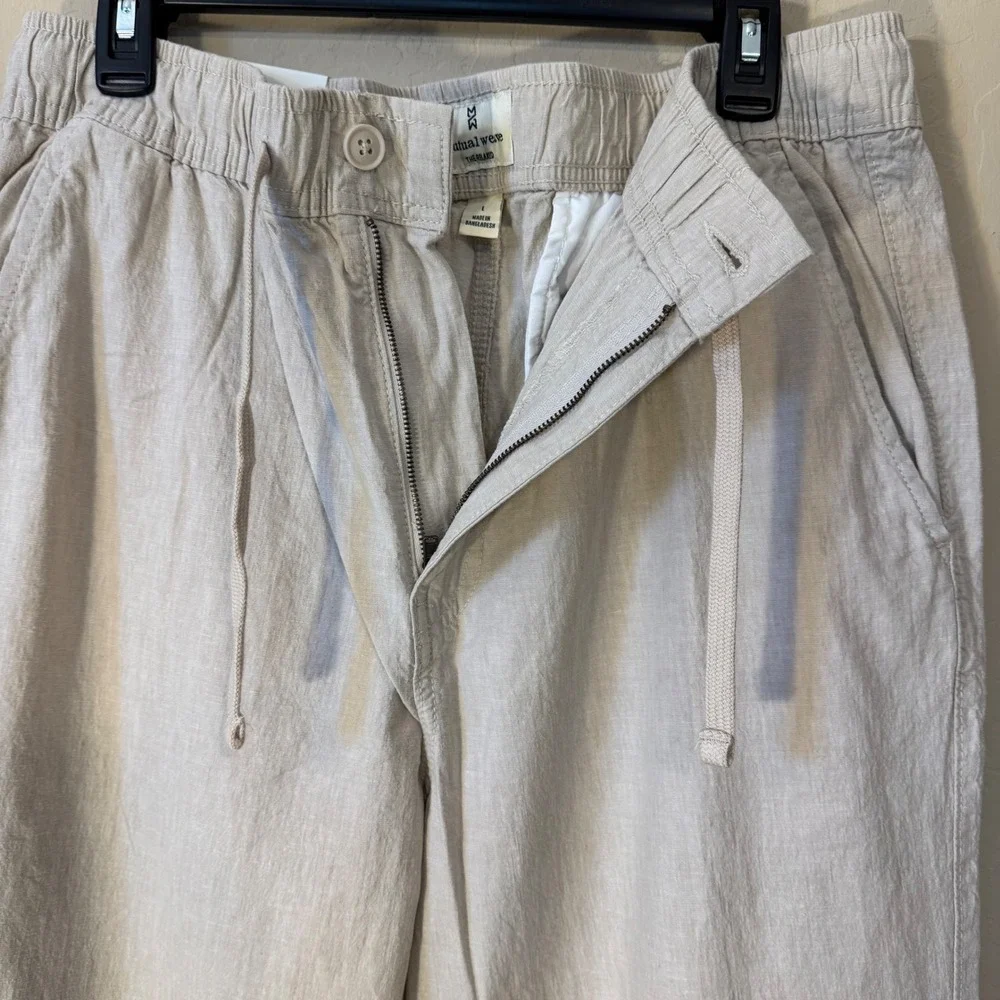 Mutual Weave Beach Pant Men L Khaki Relaxed Cotton Linen Blend Drawstring NEW‎